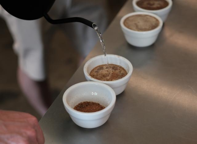 vand hældes ned i en kop med formalede kaffebønner