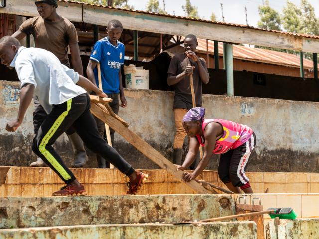 Der arbejdes i vandkanalerne hvor kaffebønnerne sorteres på vaskestation i Kenya