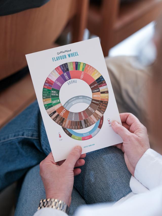 hænder holder billede af kaffesmagshjulet